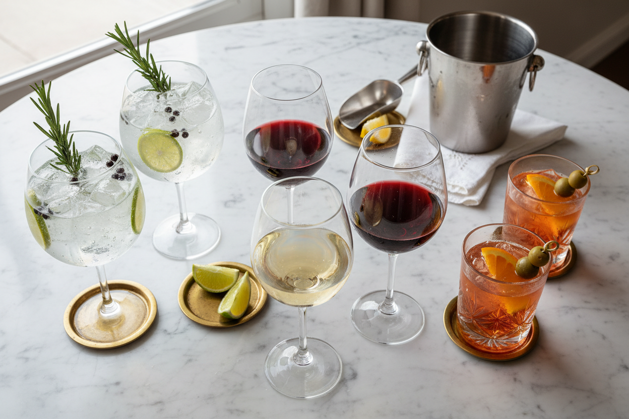 Gefüllte Weingläser, Drinks auf einem Tisch. Weinkühler im Hintergrund.