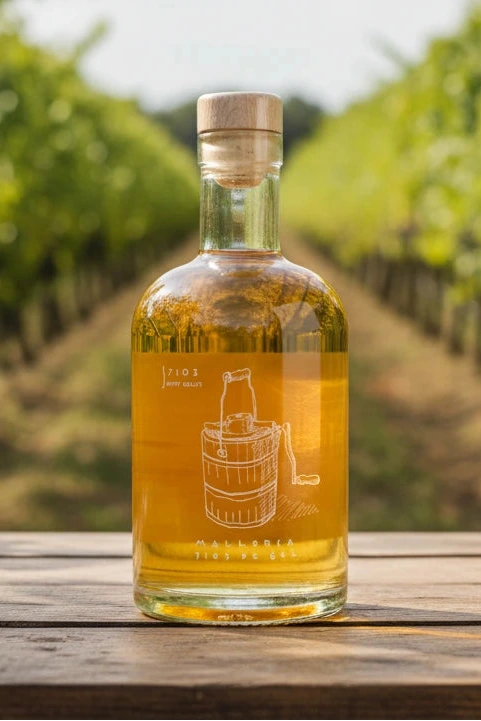 De Gel auf einem Tisch stehend. Im Hintergrund Weinreben.