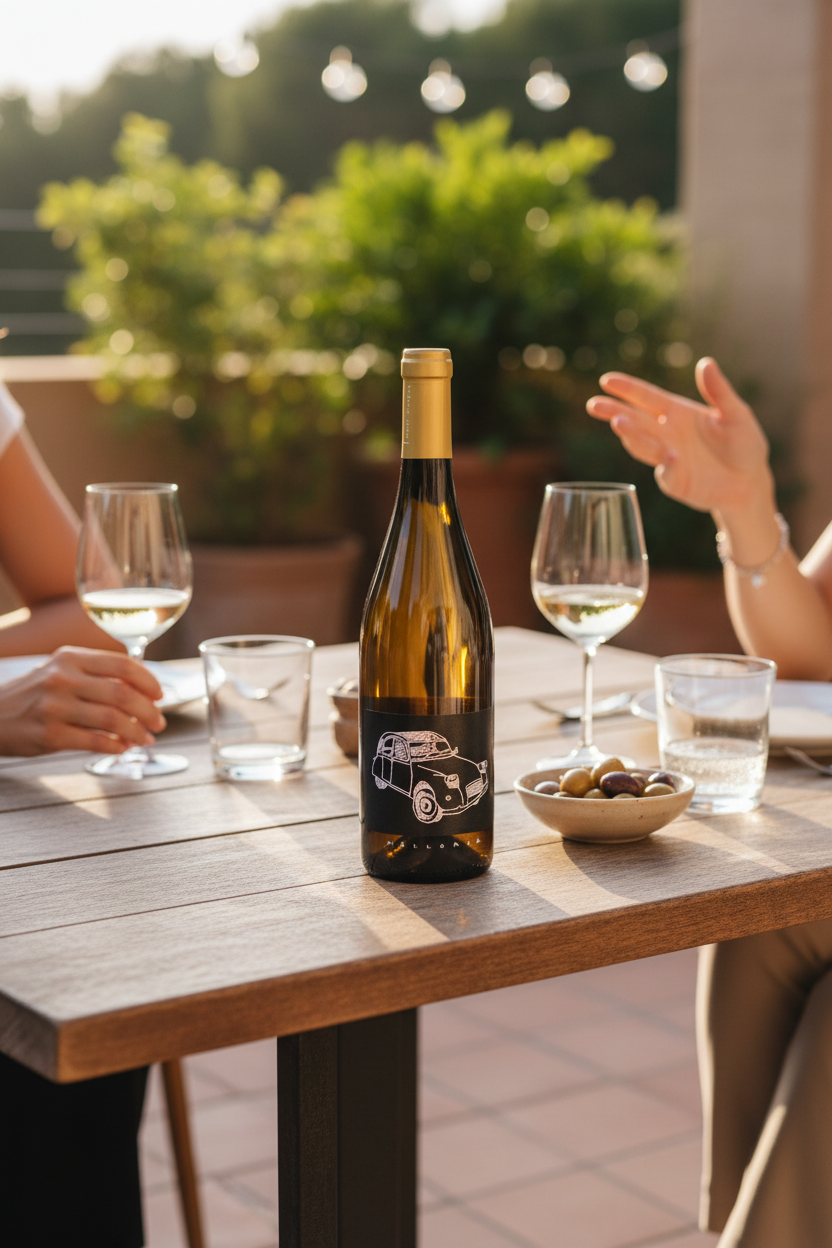 Gedeckter Tisch im Freien, Personen angeschnitten. Weinflasche im Vordergrund