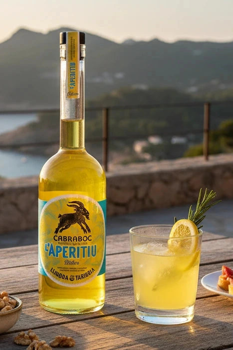 Cabraboc Aperitif Zitrone Biitter auf einem Tisch mit einem Drink und Blick auf das mallorquinische Meer.