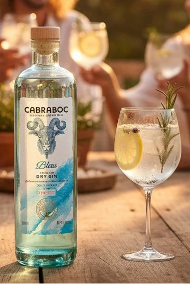 Cabraboc Dy Gin Blau auf einem Holztisch mit einem Gin Tonic Drink daneben. Personen lachend im Hintergrund mit weiteren Drinks anstoßend.