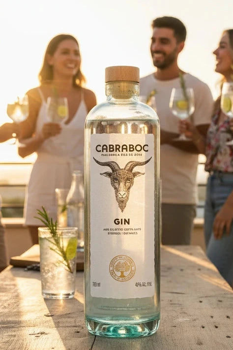 Cabraboc Gin  auf einem Holztisch im Hintergrund stehen Personen mit Drinks in der Hand.