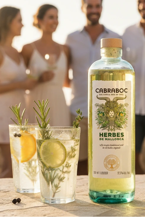 Cabraboc Herbs de Mallorca mit Gin Tonics daneben. Personen im Hintergrund