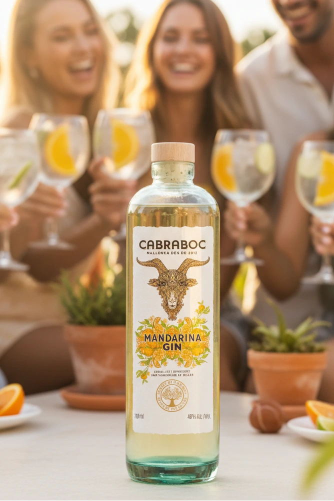 Cabraboc Mandarina Gin auf einem Tisch stehend. Im Hintergrund Personen mit Drinks anstoßend. Sommerliche Stimmung
