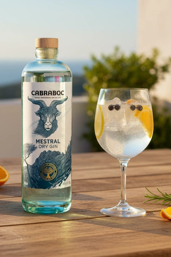 Cabraboc Mestral Dry Gin mit Gin Tonic Drink daneben auf einem Tisch stehend.