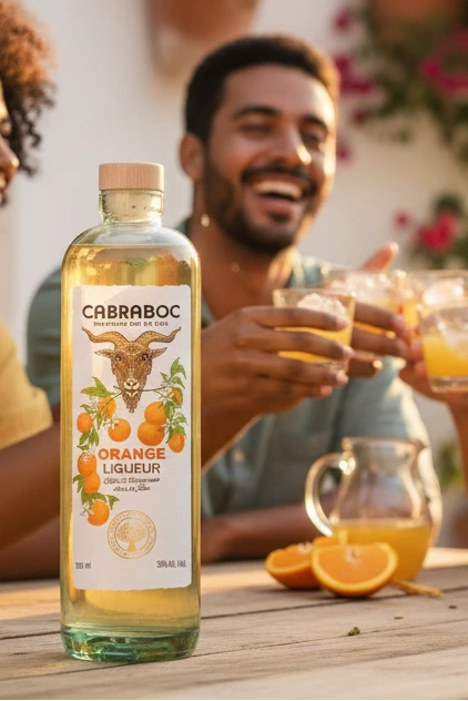 Cabraboc Orange Likör im Vordergrund. Im Hintergrund stoßen Personen mit Drinks an.
