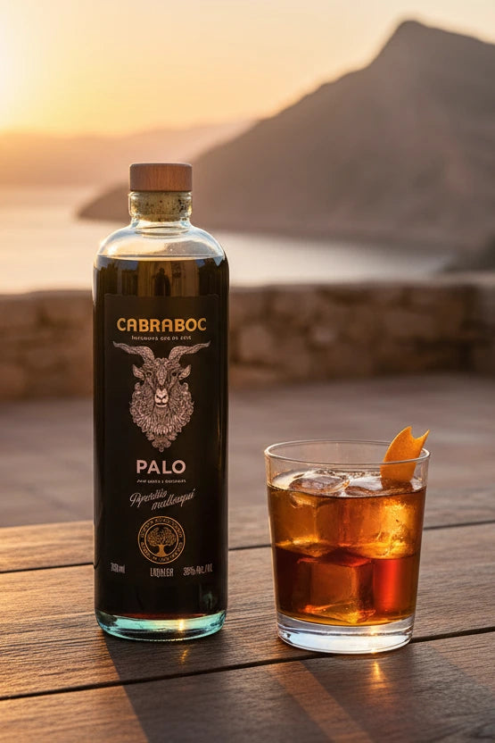 Cabraboc Palo auf einem Tisch stehend. Im Hintergrund das Meer in Abendstimmung. Ein Drink steht neben der Likörflasche.