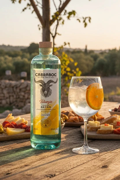 Cabraboc Taronja Dry Gin auf einem gedeckten Tisch unter eine Pergola mit einem Gin Tonic daneben.