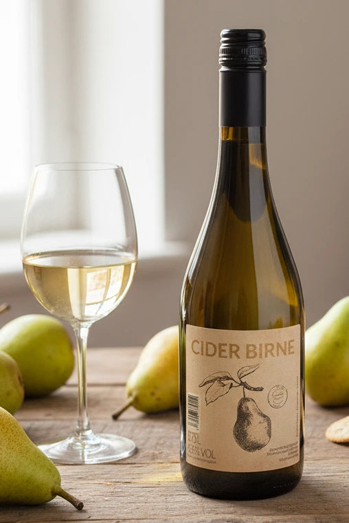 Birnen Cider auf einem Tisch. Birnen und ein Glas mit Cider daneben.