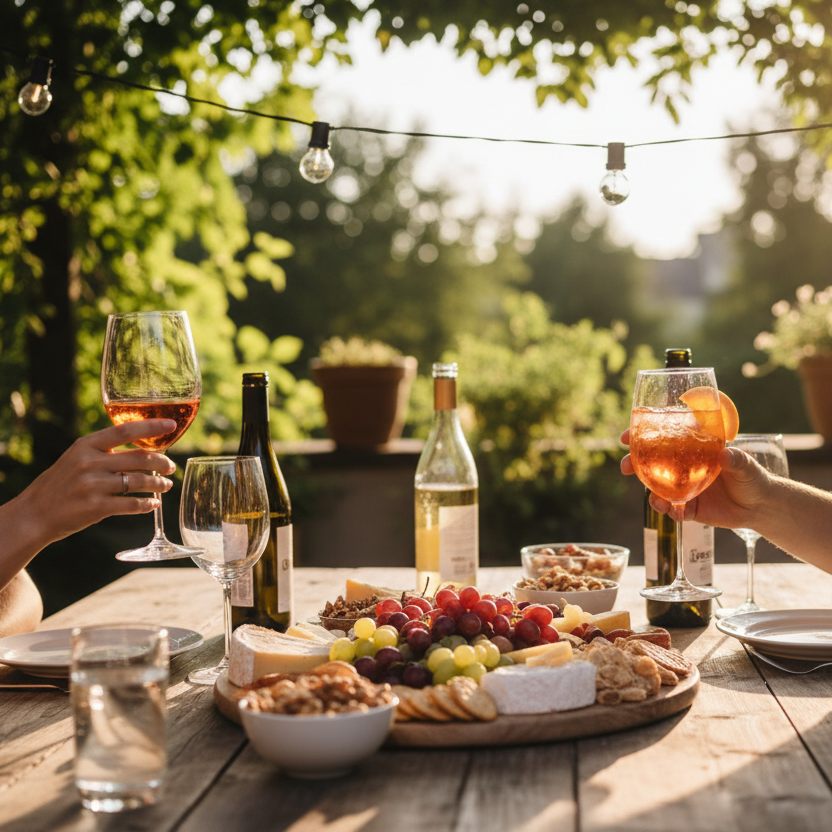 Gemütlicher Sommerabend mit Freunden auf der terasse. Snacks, Wein, Drinks. Personen nur angeschnitten zu sehen.