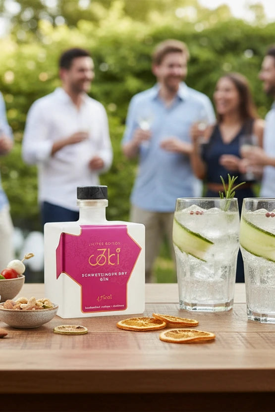 SNOWO JOKI Gin auf einem Gartentisch mit Snacks und Gin Tonic. Personen im Hintergrund