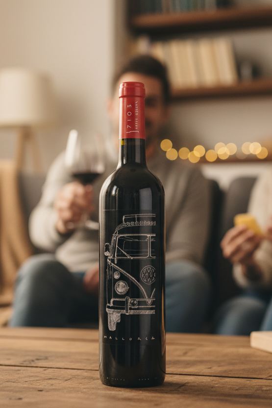 Negre Bota Flasche auf einem Couchtisch. Personen im Hintergrund.