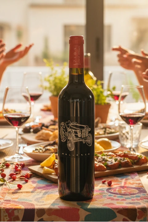 Negre Bota Flasche auf einem gedeckten Tisch mit Personen, die Essen.