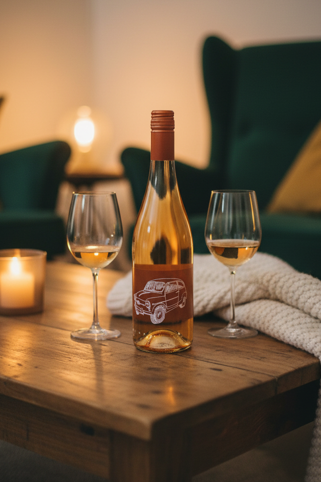 Rosat auf einem Couchtisch mit weingläsern