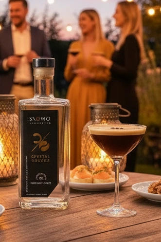 SNOWO Crystal Coffee Schnaps auf einem Gartentisch mit einem Espresso Martini daneben