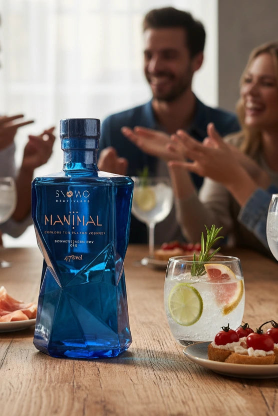 SNOWO MANIMAL Gin auf einem Tisch mit Snacks und Personen im Hintergrund