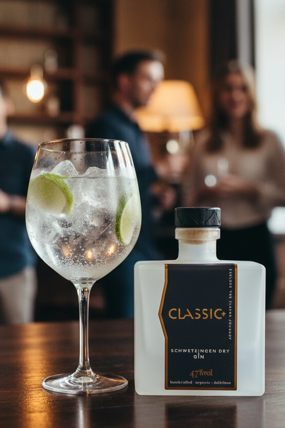 SNOWO Classic Gin auf einem Holztisch in einer Bar. Personen mit Gläsern im Hintergrund.