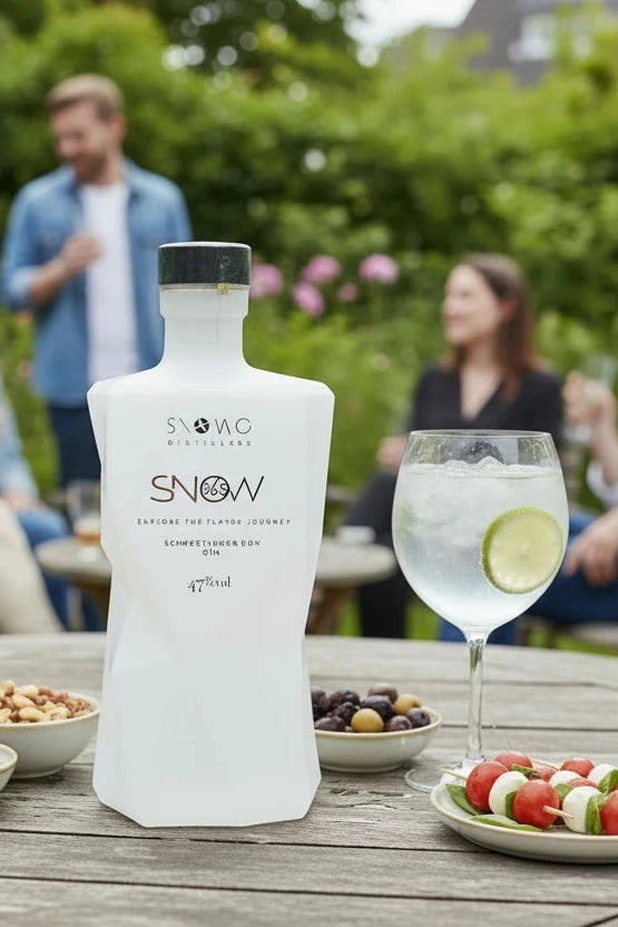 Snowo 365 Gin auf einem Tisch mit Snacks und GIn Tonic. Personen im Hintergrund.