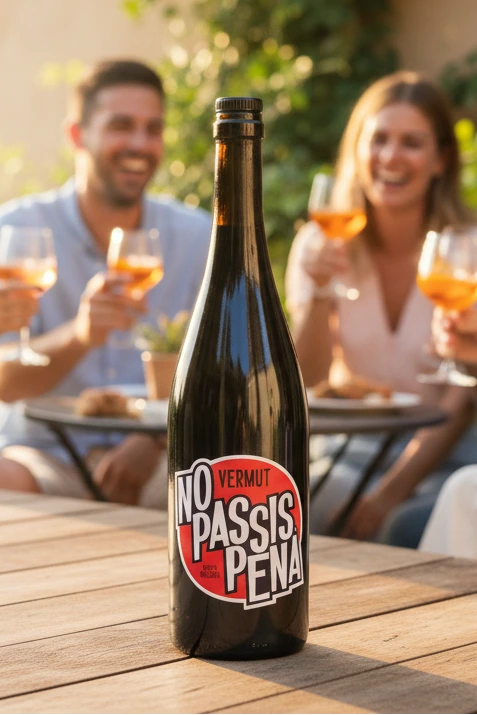 Vermut No passis pena auf einem Tisch. Im Hintergrund Personen, die mit gläsern anstoßen