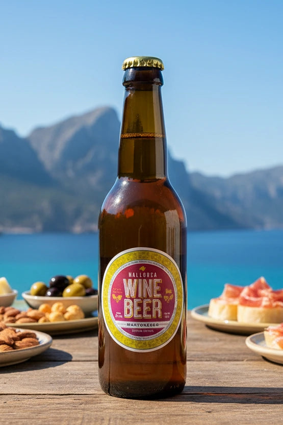 Weinbier Flasche auf einem Tiscs. Snacks dahinter. Im Hintergrund das Meer und Berge.