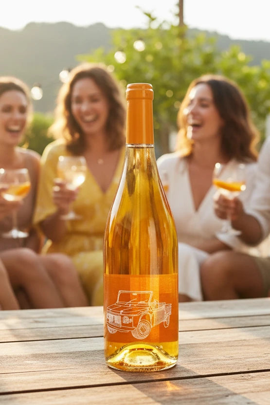 Brisat Flasche auf einem Tisch stehend. Lachende Frauen im Hintergrund.