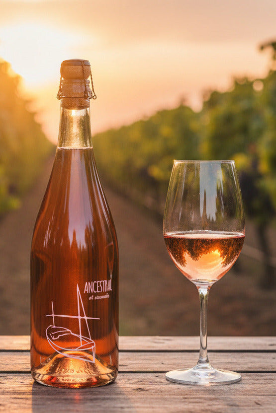 Ancestral Schaumwein Flasche auf einem Tisch. Weinberge im Hintergrund. Glas mit Schaumwein neben der Flasche. Abendstimmung.