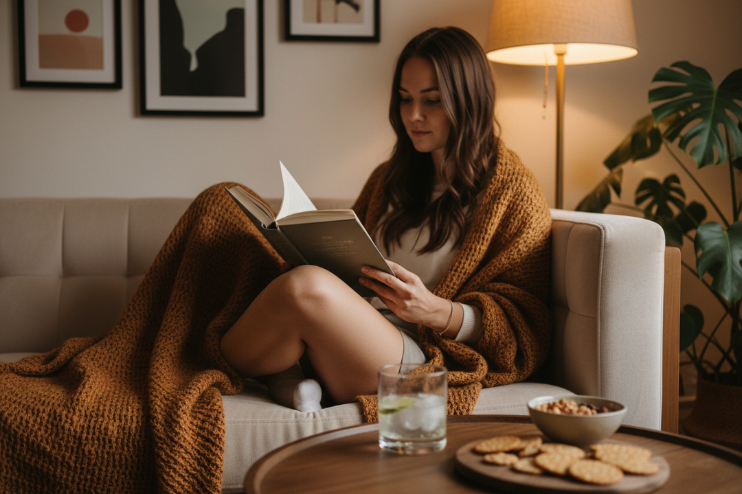 Frau auf einem Sofa sitzend, angeschnitten ein buch lesend. auf dem Sofatisch ein glas Gin mit Snacks. Gemütliche stimmung