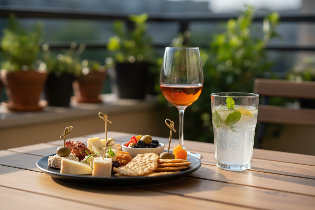 Gemütlicher Nachmittag auf dem Balkon. Kleine snackplatte, wein und Drink. Keine Personen zu sehen. Close-up